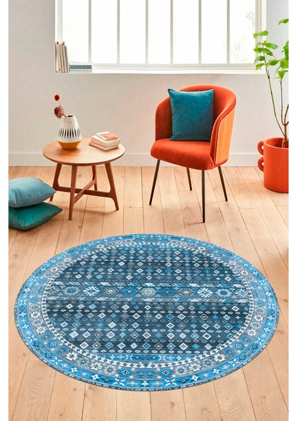 Yeni Tasarım Etnik Desenli Yıkanabilir Yuvarlak Mutfak Salon Koridor Halısı, Y-Etnik-17-Mavi, indirimleri