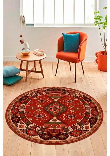Etnik Klasik Desenli Dijital Kaymaz Yıkanabilir Yuvarlak Salon Halısı, Y-Etnik-07-Kırmızı,