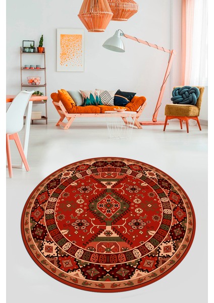 Etnik Klasik Desenli Dijital Kaymaz Yıkanabilir Yuvarlak Salon Halısı, Y-Etnik-07-Kırmızı, fiyatları