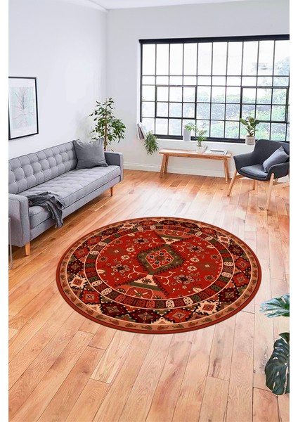 Etnik Klasik Desenli Dijital Kaymaz Yıkanabilir Yuvarlak Salon Halısı, Y-Etnik-07-Kırmızı, modelleri