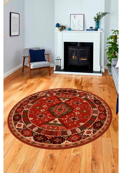 Etnik Klasik Desenli Dijital Kaymaz Yıkanabilir Yuvarlak Salon Halısı, Y-Etnik-07-Kırmızı, fırsatları