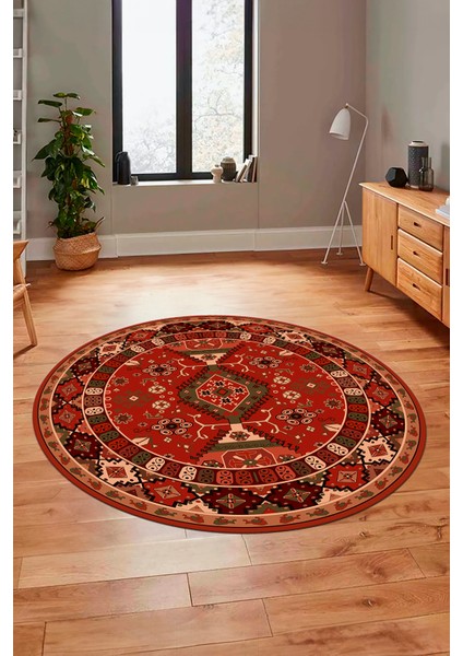 Etnik Klasik Desenli Dijital Kaymaz Yıkanabilir Yuvarlak Salon Halısı, Y-Etnik-07-Kırmızı, indirimleri