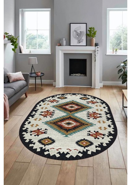 Dijital Kaymaz Yıkanabilir Etnik Desenli Oval Yolluk Mutfak Salon Halısı, O-Etnik-02-Renkli, modelleri