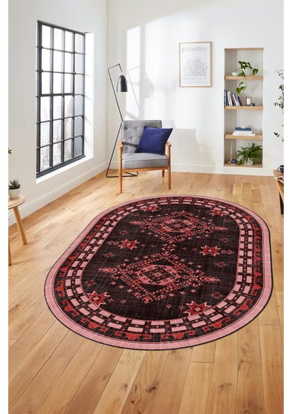 Dijital Kaymaz Yıkanabilir Etnik Desen Oval Yolluk Mutfak Salon Halısı, O-Etnik-03-Pembe,