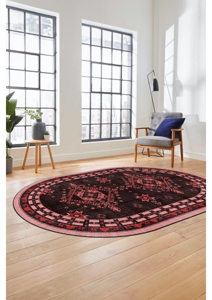Dijital Kaymaz Yıkanabilir Etnik Desen Oval Yolluk Mutfak Salon Halısı, O-Etnik-03-Pembe, fiyatları