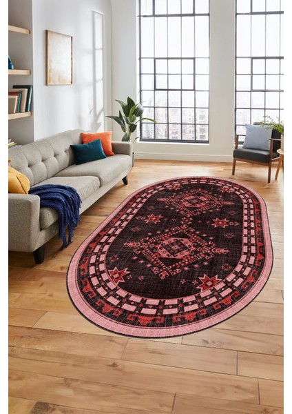 Dijital Kaymaz Yıkanabilir Etnik Desen Oval Yolluk Mutfak Salon Halısı, O-Etnik-03-Pembe, indirimleri