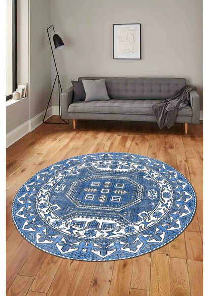 Dijital Kaymaz Yıkanabilir Şık Etnik Desenli Yuvarlak Mutfak Salon Halısı, Y-Etnik-14-Mavi,