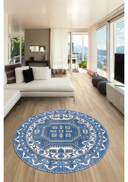 Dijital Kaymaz Yıkanabilir Şık Etnik Desenli Yuvarlak Mutfak Salon Halısı, Y-Etnik-14-Mavi,