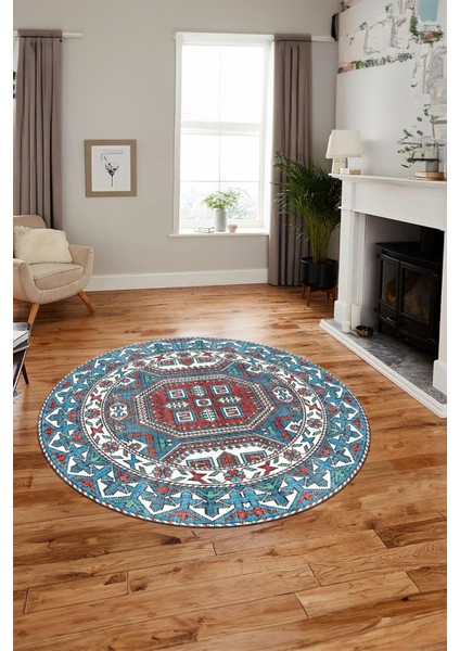 Dijital Kaymaz Yıkanabilir Şık Etnik Desenli Yuvarlak Mutfak Salon Halısı, Y-Etnik-14-Renkli, fırsatları