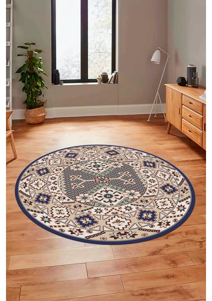 Şık Tasarım Etnik Desenli Dijital Kaymaz Yıkanabilir Yuvarlak Salon Halısı, Y-Etnik-08-Lacevert, fırsatları
