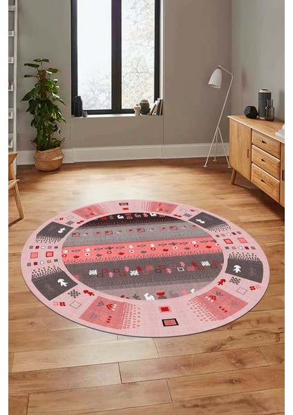 Dijital Kaymaz Yıkanabilir Motifli Etnik Desenli Yuvarlak Mutfak Salon Halısı, Y-Etnik-15-Pembe,