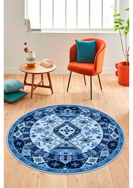 Etnik Klasik Desenli Dijital Kaymaz Yıkanabilir Yuvarlak Salon Halısı, Y-Etnik-07-Mavi,