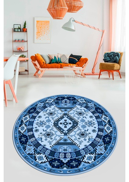 Etnik Klasik Desenli Dijital Kaymaz Yıkanabilir Yuvarlak Salon Halısı, Y-Etnik-07-Mavi, fiyatları