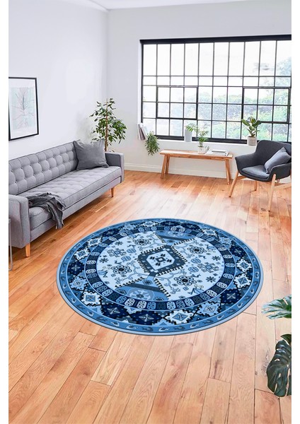 Etnik Klasik Desenli Dijital Kaymaz Yıkanabilir Yuvarlak Salon Halısı, Y-Etnik-07-Mavi, modelleri