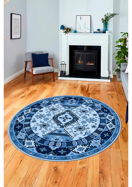 Etnik Klasik Desenli Dijital Kaymaz Yıkanabilir Yuvarlak Salon Halısı, Y-Etnik-07-Mavi, fırsatları