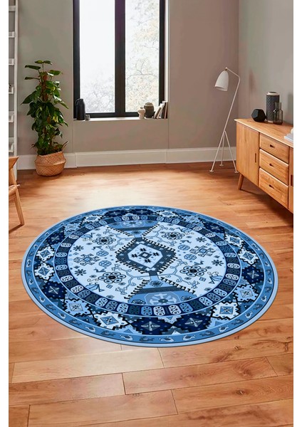 Etnik Klasik Desenli Dijital Kaymaz Yıkanabilir Yuvarlak Salon Halısı, Y-Etnik-07-Mavi, indirimleri