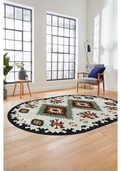 Dijital Kaymaz Yıkanabilir Etnik Desenli Oval Yolluk Mutfak Salon Halısı, O-Etnik-02-Renkli, fiyatları