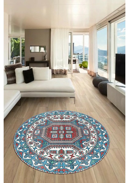 Dijital Kaymaz Yıkanabilir Şık Etnik Desenli Yuvarlak Mutfak Salon Halısı, Y-Etnik-14-Renkli, indirimleri