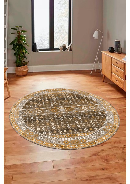 Yeni Tasarım Etnik Desenli Yıkanabilir Yuvarlak Mutfak Salon Koridor Halısı, Y-Etnik-17-Kahve,