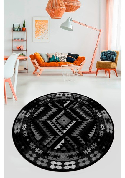 Modern Tasarım Etnik Desenli Dijital Kaymaz Yıkanabilir Yuvarlak Salon Halısı, Y-Etnik-09-Antrasit,