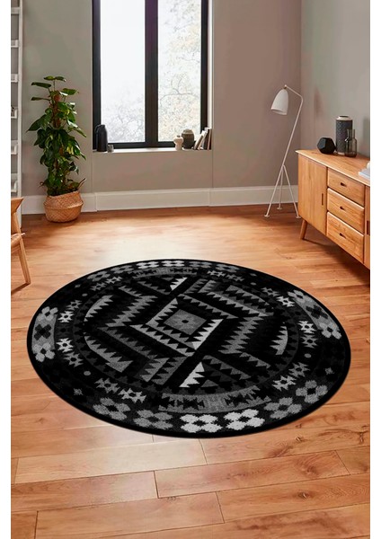 Modern Tasarım Etnik Desenli Dijital Kaymaz Yıkanabilir Yuvarlak Salon Halısı, Y-Etnik-09-Antrasit, fırsatları