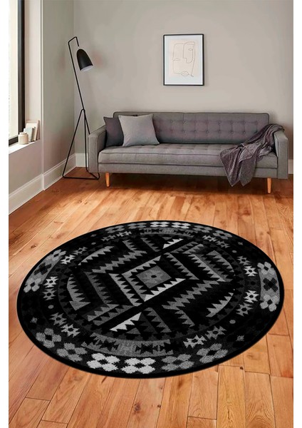 Modern Tasarım Etnik Desenli Dijital Kaymaz Yıkanabilir Yuvarlak Salon Halısı, Y-Etnik-09-Antrasit, indirimleri