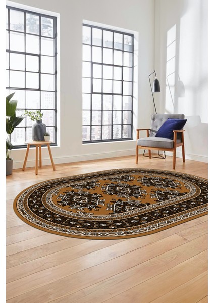 Dijital Kaymaz Yıkanabilir Şık Etnik Desen Oval Yolluk Mutfak Salon Halısı, O-Etnik-04-Kahve,