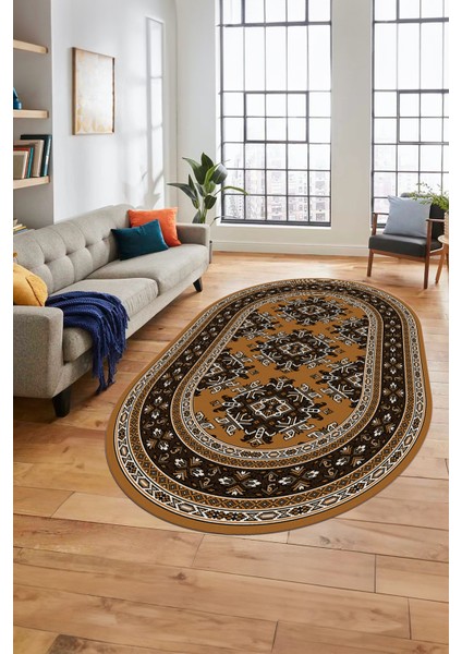 Dijital Kaymaz Yıkanabilir Şık Etnik Desen Oval Yolluk Mutfak Salon Halısı, O-Etnik-04-Kahve, fırsatları