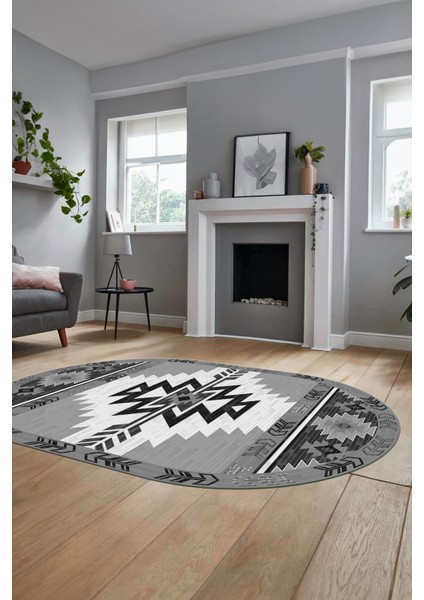 Etnik Desenli Dijital Baskılı Kaymaz Yıkanabilir Oval Yolluk Mutfak Salon Halısı, O-Etnik-05-Gri, modelleri