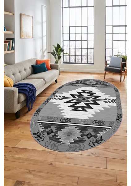 Etnik Desenli Dijital Baskılı Kaymaz Yıkanabilir Oval Yolluk Mutfak Salon Halısı, O-Etnik-05-Gri, fırsatları