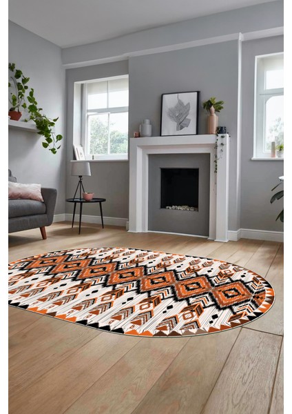 Renkli Etnik Desenli Dijital Kaymaz Yıkanabilir Oval Yolluk Mutfak Salon Halısı, O-Etnik-06-Turuncu, fiyatları
