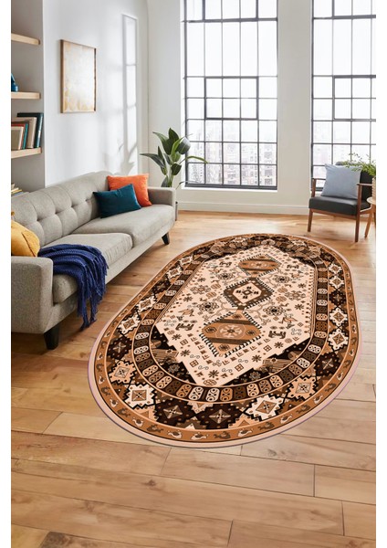 Etnik Klasik Desenli Dijital Baskılı Kaymaz Yıkanabilir Oval Yolluk Salon Halısı, O-Etnik-07-Kahve, modelleri