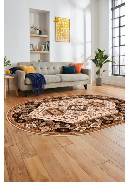 Etnik Klasik Desenli Dijital Baskılı Kaymaz Yıkanabilir Oval Yolluk Salon Halısı, O-Etnik-07-Kahve, fırsatları