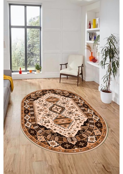Etnik Klasik Desenli Dijital Baskılı Kaymaz Yıkanabilir Oval Yolluk Salon Halısı, O-Etnik-07-Kahve, indirimleri