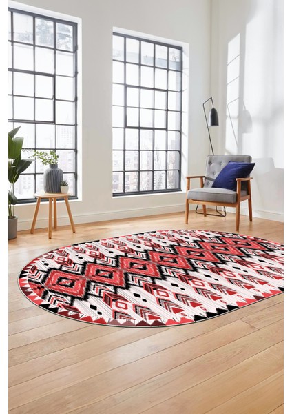 Renkli Etnik Desenli Dijital Kaymaz Yıkanabilir Oval Yolluk Mutfak Salon Halısı, O-Etnik-06-Kırmızı,