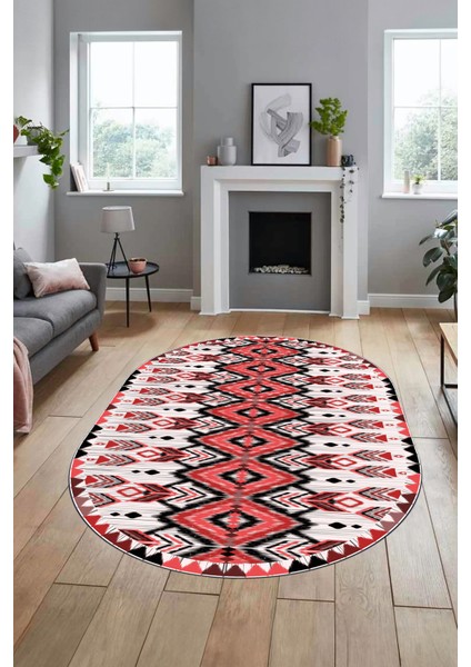 Renkli Etnik Desenli Dijital Kaymaz Yıkanabilir Oval Yolluk Mutfak Salon Halısı, O-Etnik-06-Kırmızı, fiyatları