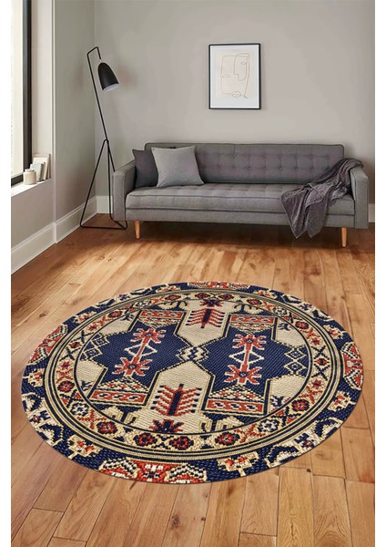 Şık Etnik Desen Kaymaz Yıkanabilir Yuvarlak Mutfak Salon Koridor Halısı, Y-Etnik-20-Lacivert,