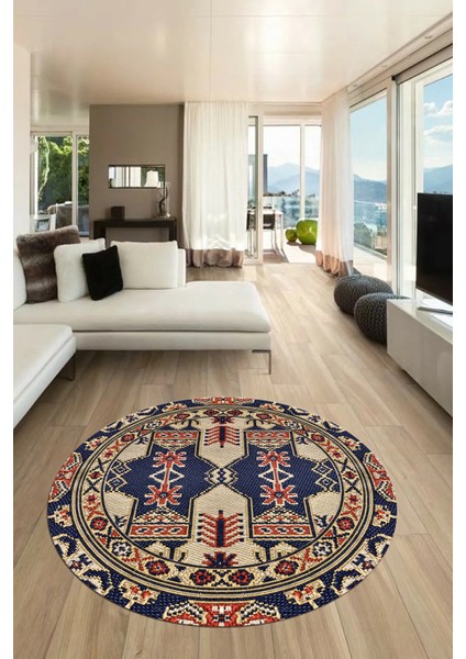 Şık Etnik Desen Kaymaz Yıkanabilir Yuvarlak Mutfak Salon Koridor Halısı, Y-Etnik-20-Lacivert, modelleri