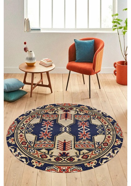 Şık Etnik Desen Kaymaz Yıkanabilir Yuvarlak Mutfak Salon Koridor Halısı, Y-Etnik-20-Lacivert, fırsatları