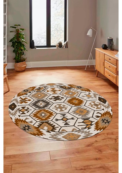 Dijital Kaymaz Yıkanabilir Etnik Desenli Yuvarlak Mutfak Salon Halısı, Y-Etnik-12-Kahve, modelleri