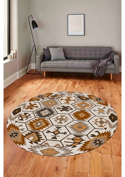 Dijital Kaymaz Yıkanabilir Etnik Desenli Yuvarlak Mutfak Salon Halısı, Y-Etnik-12-Kahve, fırsatları