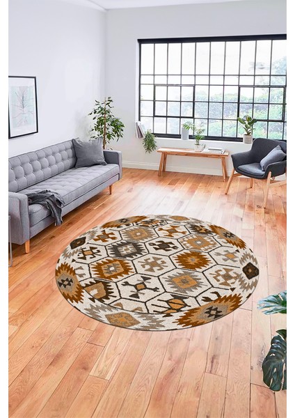 Dijital Kaymaz Yıkanabilir Etnik Desenli Yuvarlak Mutfak Salon Halısı, Y-Etnik-12-Kahve,