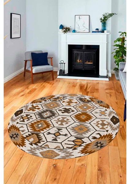 Dijital Kaymaz Yıkanabilir Etnik Desenli Yuvarlak Mutfak Salon Halısı, Y-Etnik-12-Kahve, fiyatları