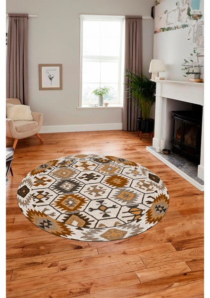 Dijital Kaymaz Yıkanabilir Etnik Desenli Yuvarlak Mutfak Salon Halısı, Y-Etnik-12-Kahve, indirimleri