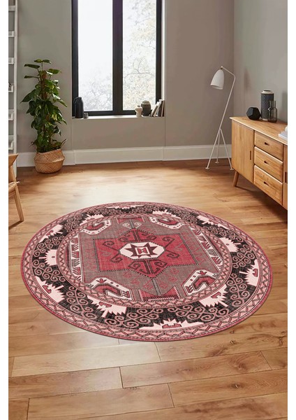Şık Etnik Desenli Dijital Kaymaz Yıkanabilir Yuvarlak Mutfak Salon Halısı, Y-Etnik-10-Pembe, modelleri