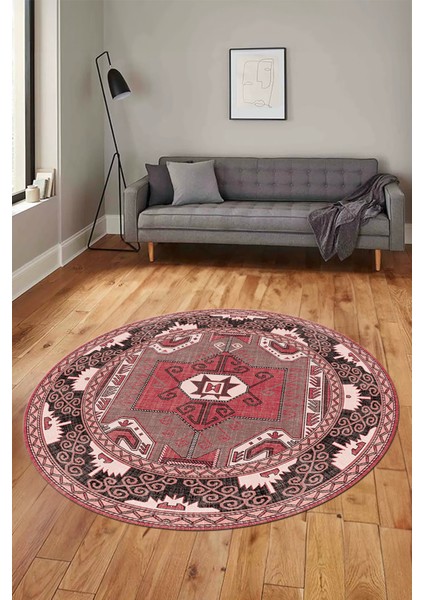 Şık Etnik Desenli Dijital Kaymaz Yıkanabilir Yuvarlak Mutfak Salon Halısı, Y-Etnik-10-Pembe, fırsatları