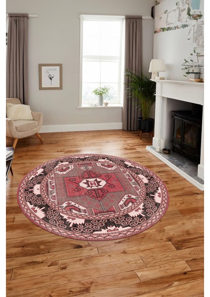 Şık Etnik Desenli Dijital Kaymaz Yıkanabilir Yuvarlak Mutfak Salon Halısı, Y-Etnik-10-Pembe, indirimleri
