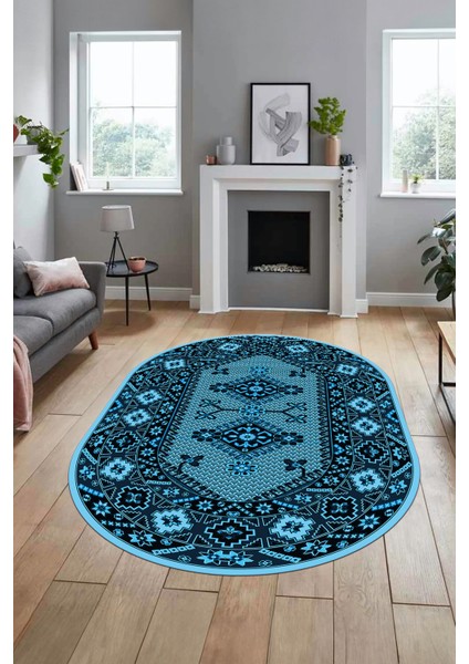 Şık Tasarım Etnik Desenli Dijital Kaymaz Yıkanabilir Oval Yolluk Salon Halısı, O-Etnik-08-Mavi,