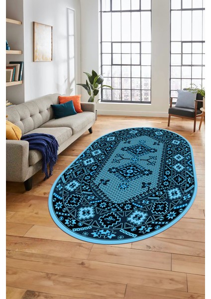 Şık Tasarım Etnik Desenli Dijital Kaymaz Yıkanabilir Oval Yolluk Salon Halısı, O-Etnik-08-Mavi, modelleri