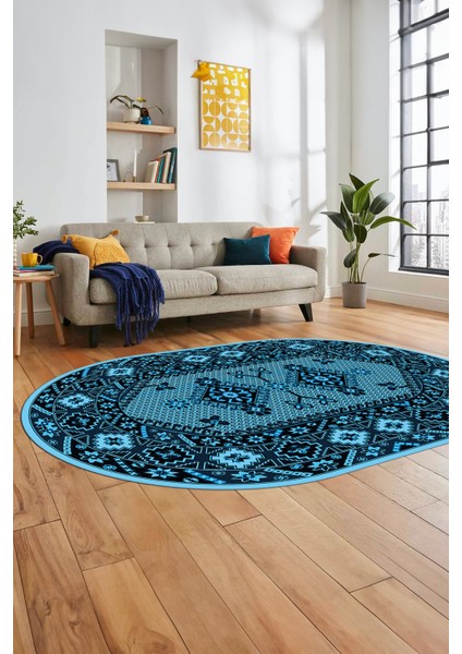 Şık Tasarım Etnik Desenli Dijital Kaymaz Yıkanabilir Oval Yolluk Salon Halısı, O-Etnik-08-Mavi, fırsatları